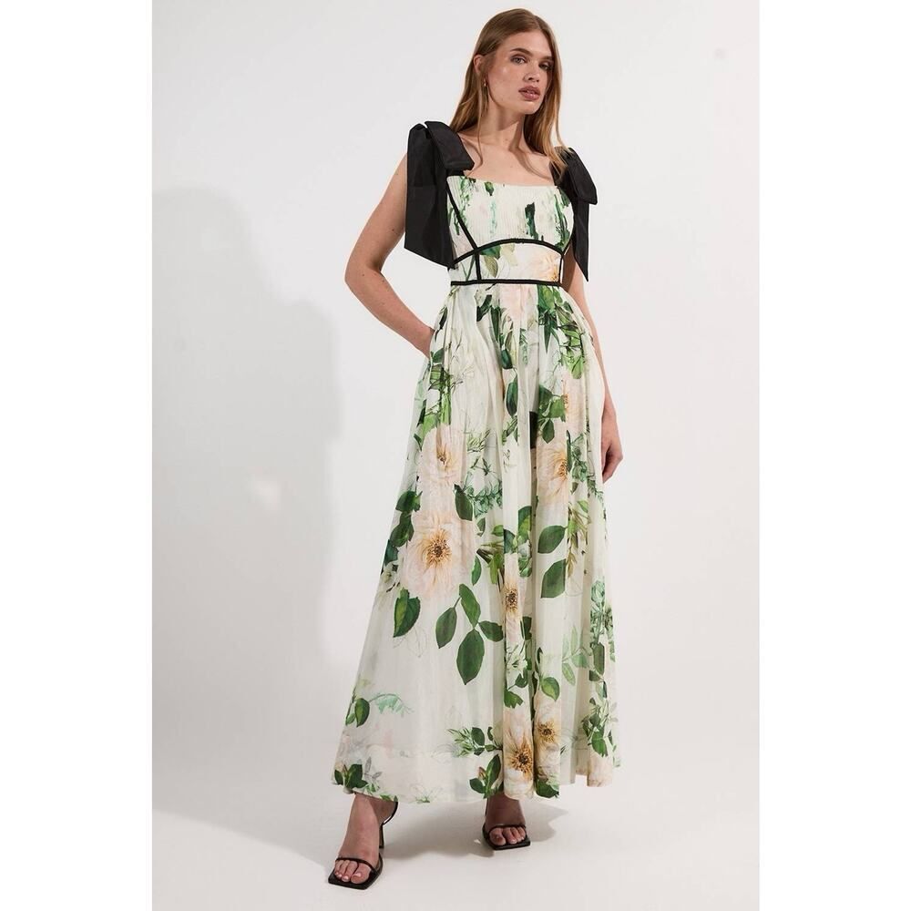 NWT Karen Millen Lydia Millen Floral Maxi Dress Silk Cotton Bow Strap 8 - Picture 4 of 12